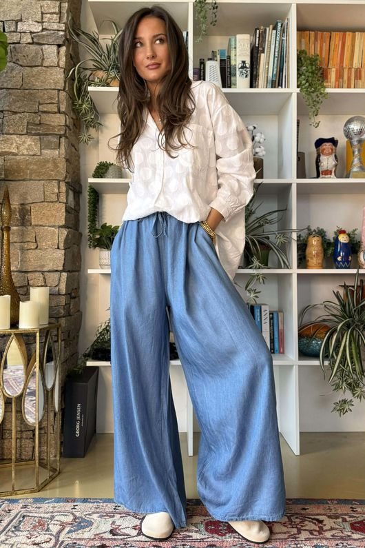 Washed Chambray Palazzo Jean Mid /23=